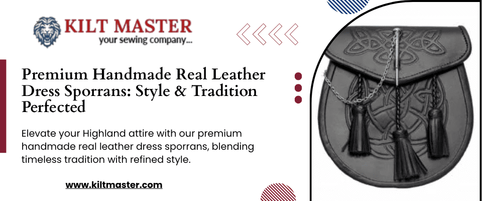 Close-up of a handmade real leather dress sporran with elegant Scottish design