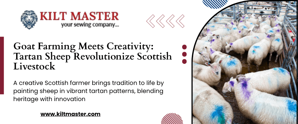 Sheep painted in Scottish tartan design grazing on a farm