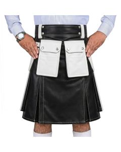 Black and White Leather Utility Kilt with Cargo Pockets