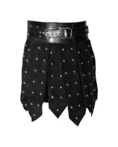 Black Leather Kilt in Strapped Studded