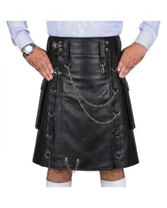 Gothic Black Leather Utility Kilt for Men