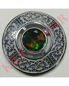 Green Stone Kilt Fly Plaid Brooch: Stylish Silver Accent
