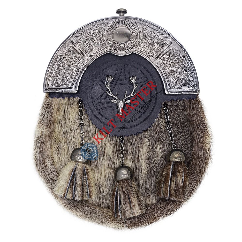 Chrome Cantle Seal Skin Sporran with Stag Head Front
