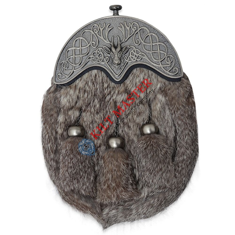 Full Dress Chrome Plated Stag Cantle Gray Rabbit Fur Sporran Front